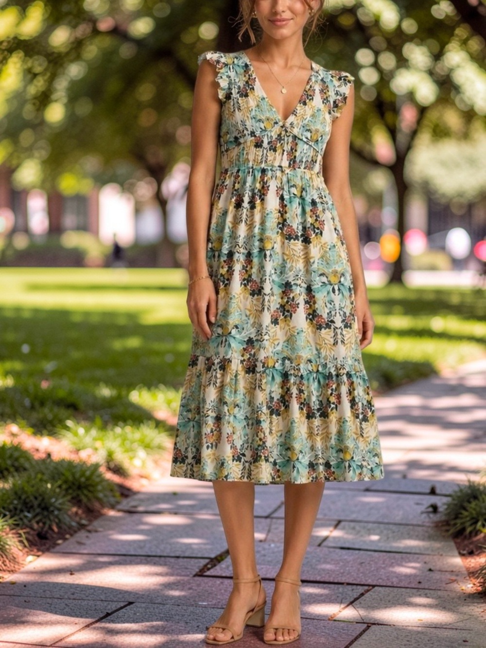 Anthropologie Peregrine Midi Dress L Chartreuse Floral Smocked Boho Cottagecore